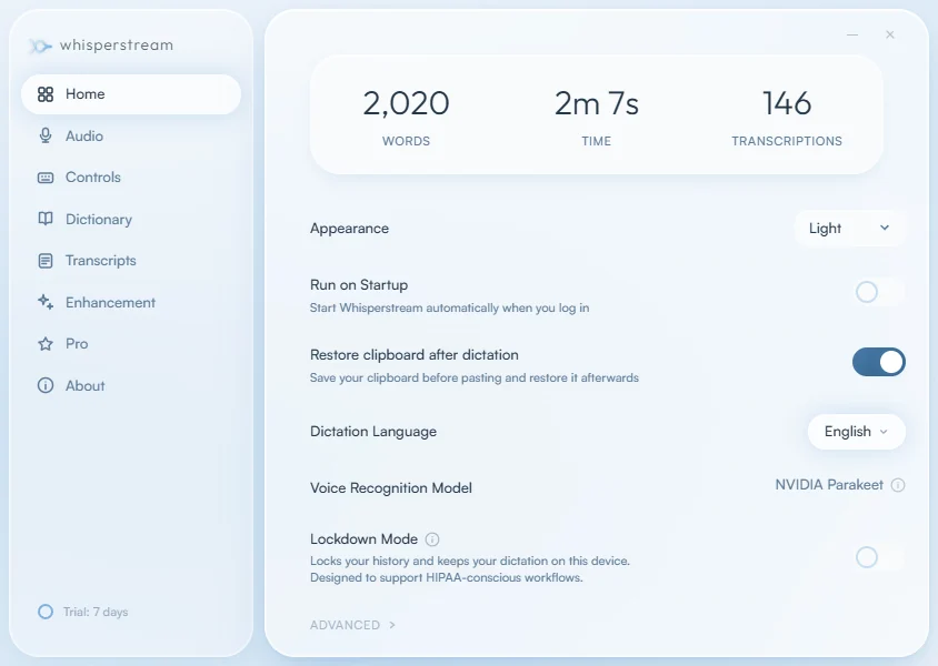 The Whisperstream app on Windows, showing dictation stats and settings for language, speech recognition model and Lockdown Mode.